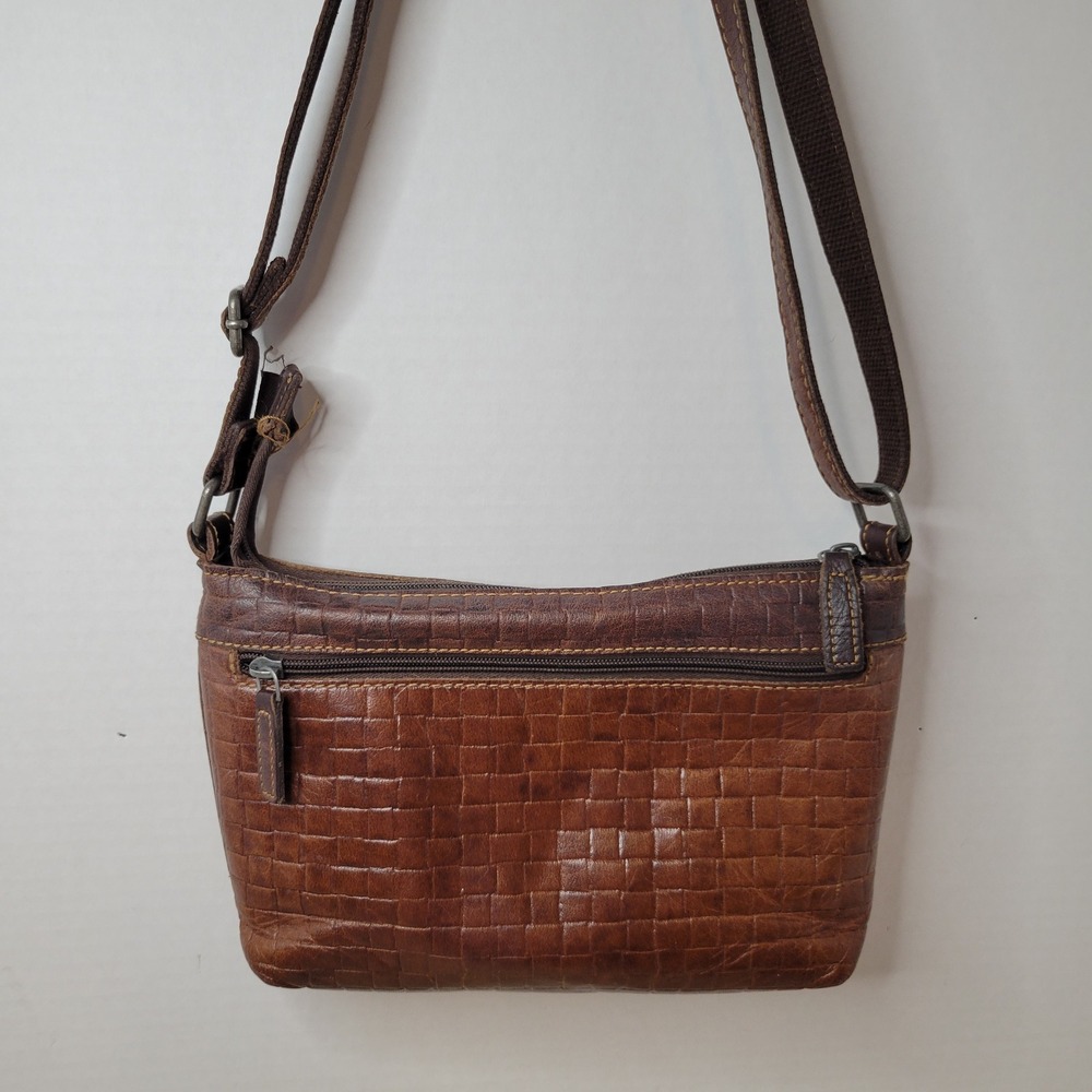 Jack Georges Brown Leather Slim Crossbody Bag Basketweave Zip Small Purse